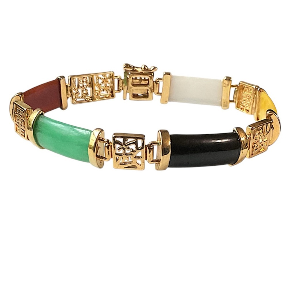 Vintage Chinese Multi Color Simulated Stone Gold Tone Bracelet